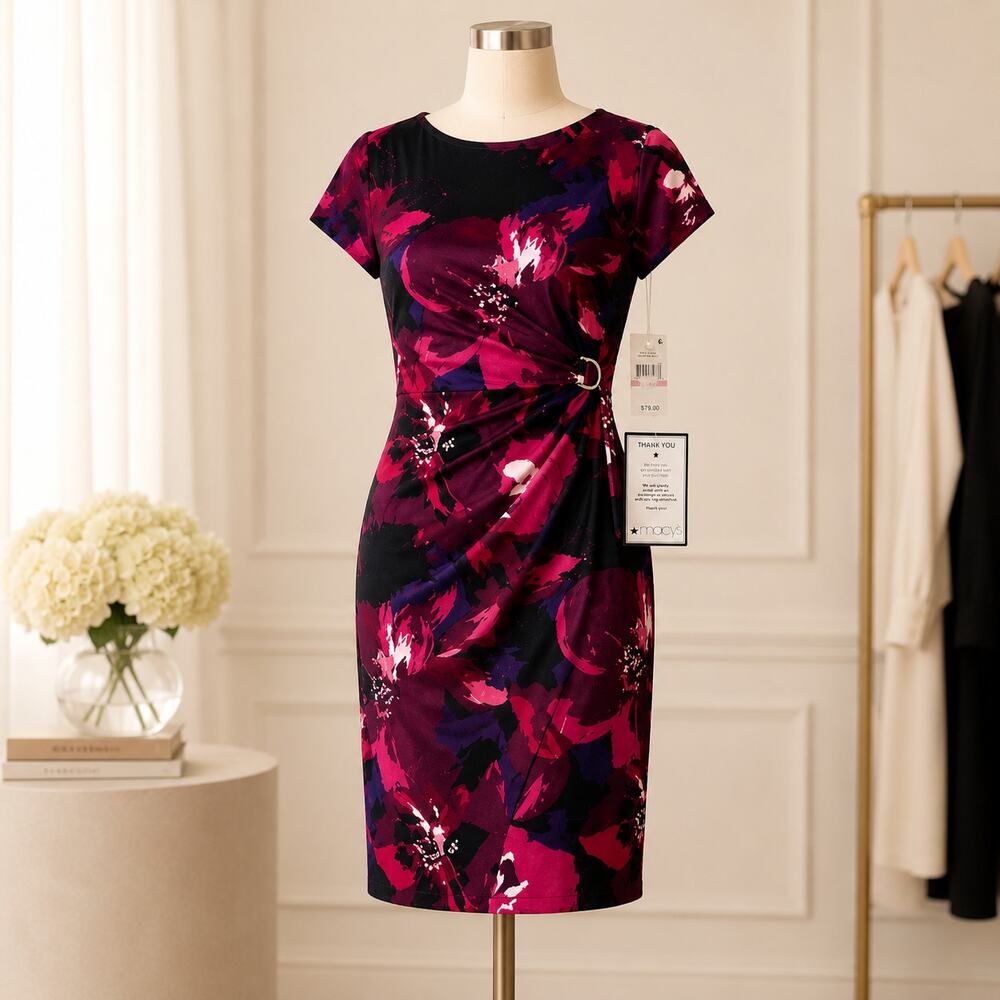 SL Fashions Size 10 Pink Floral Sheath Dress Twist Detail NWT